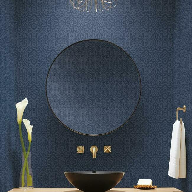 York Wallcoverings DM5037 Catherdral Damask Blue Wallpaper