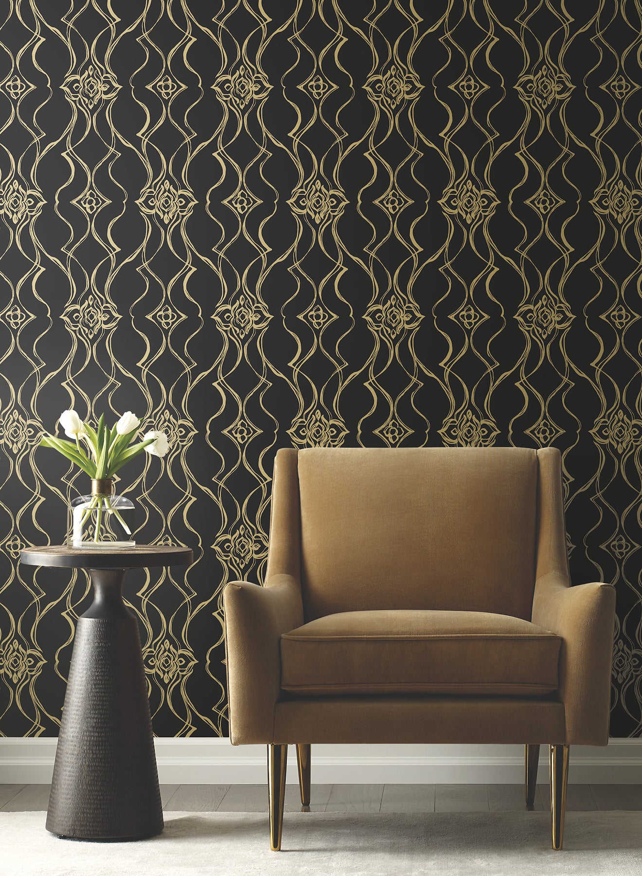 York Wallcoverings DF3371 Pirouette Black & Gold Wallpaper