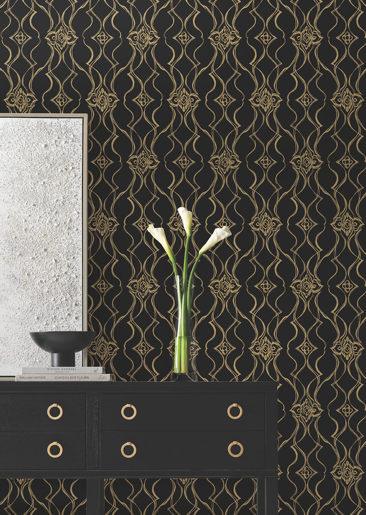 York Wallcoverings DF3371 Pirouette Black & Gold Wallpaper