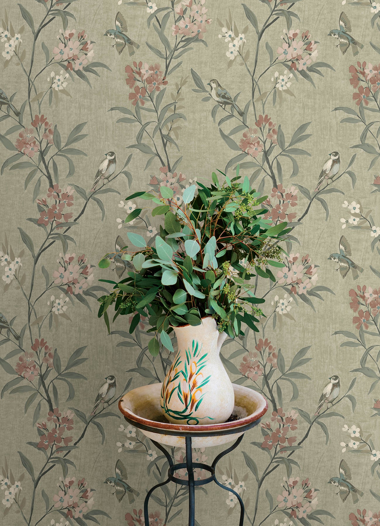 Chesapeake 4169-83138 Tea Olive Green Finch Frolic Wallpaper