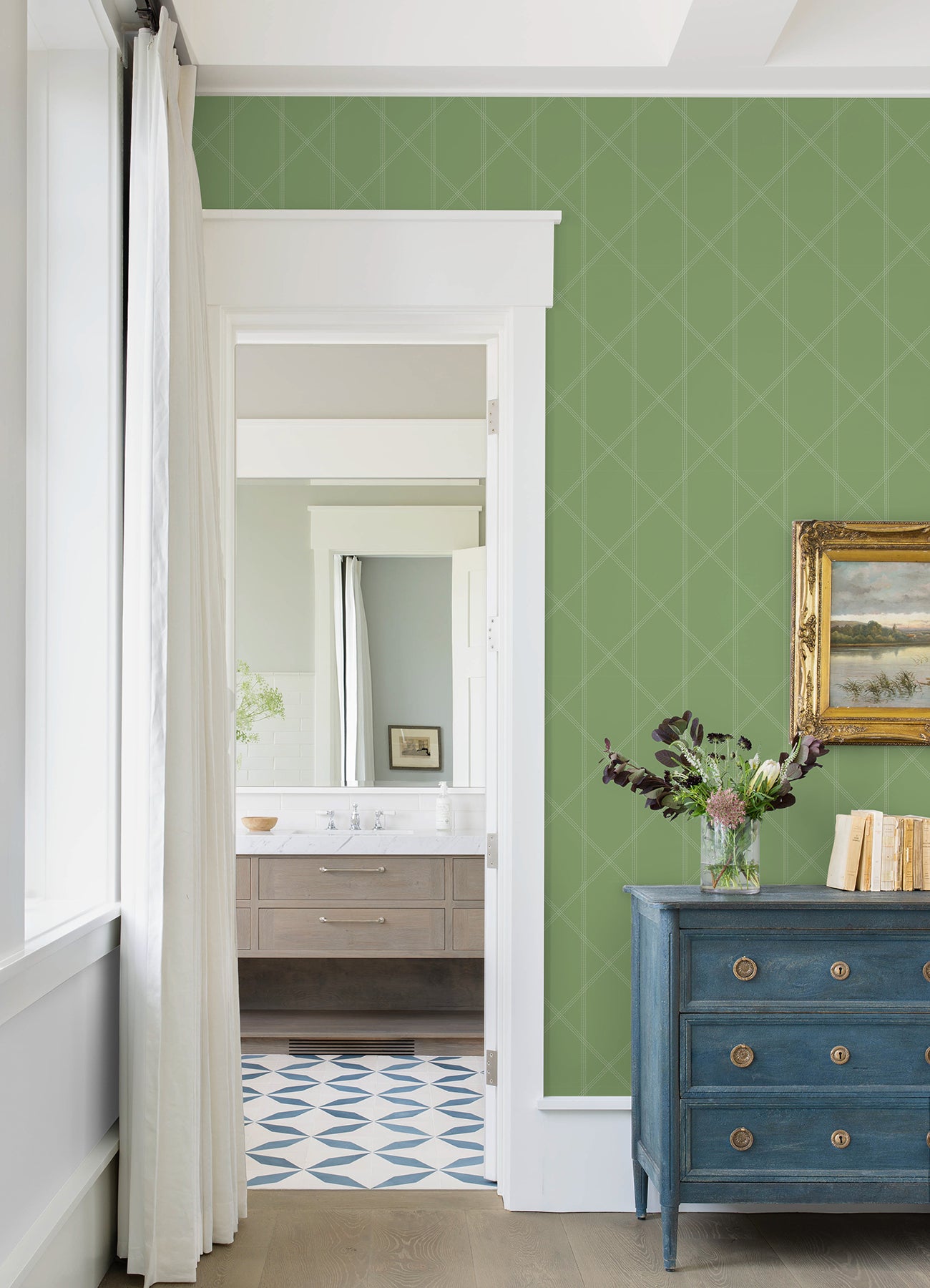 A-Street Prints 4074-26605 Walcott Light Green Stitched Trellis Wallpaper