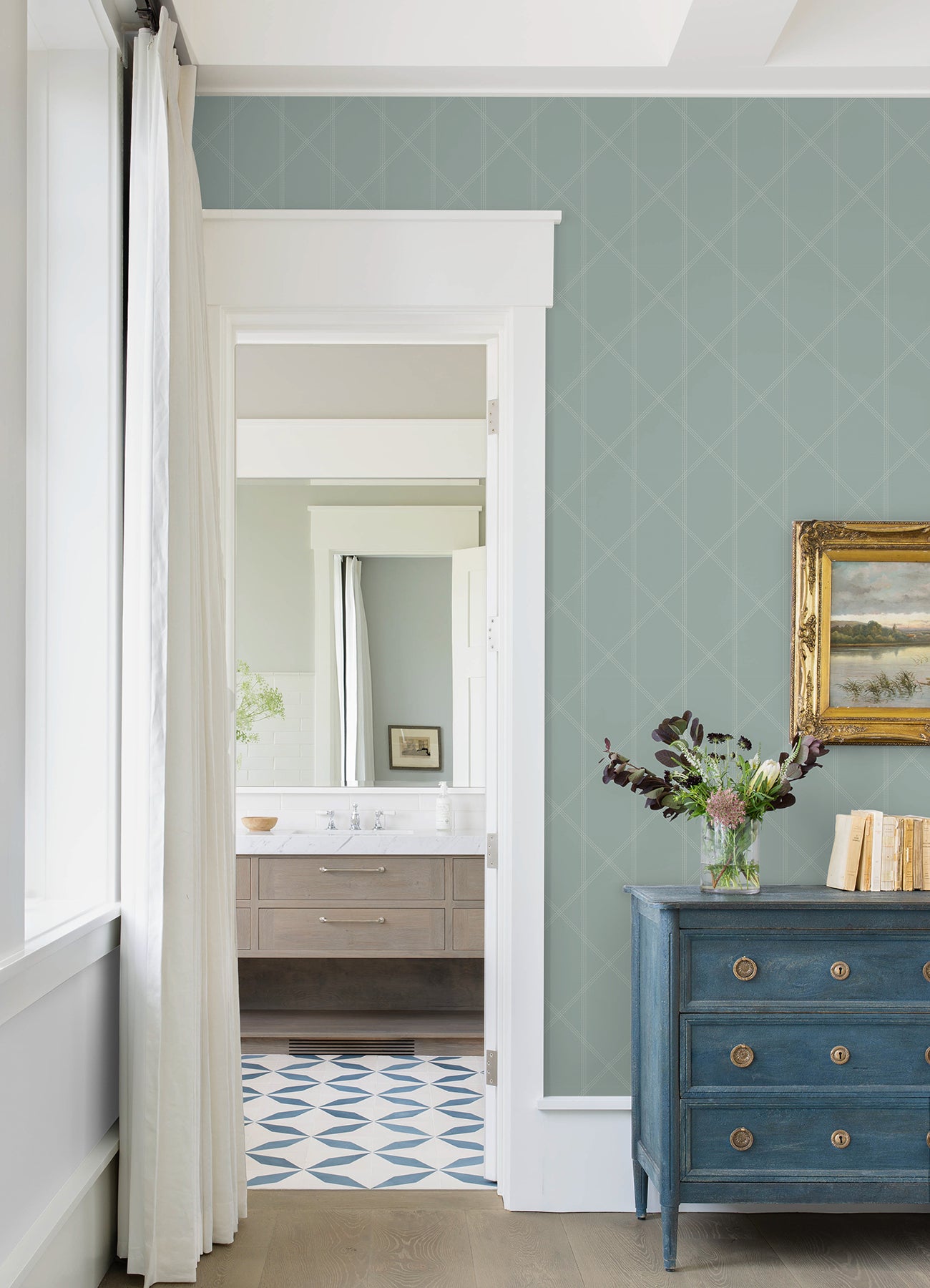 A-Street Prints 4074-26606 Walcott Seafoam Stitched Trellis Wallpaper