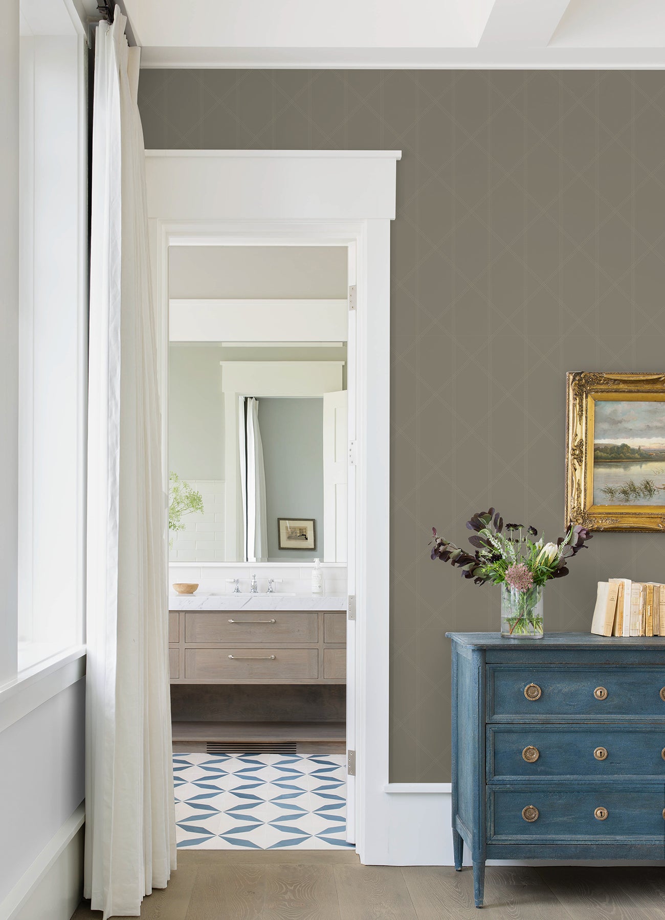 A-Street Prints 4074-26609 Walcott Light Grey Stitched Trellis Wallpaper