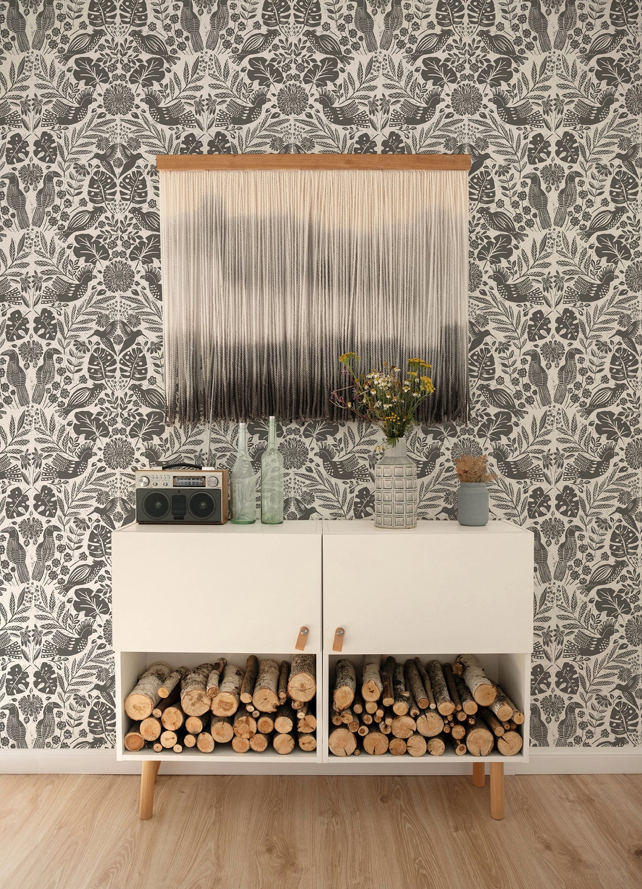 A-Street Prints 4122-27004 Nestle Charcoal Bird Block Print Wallpaper