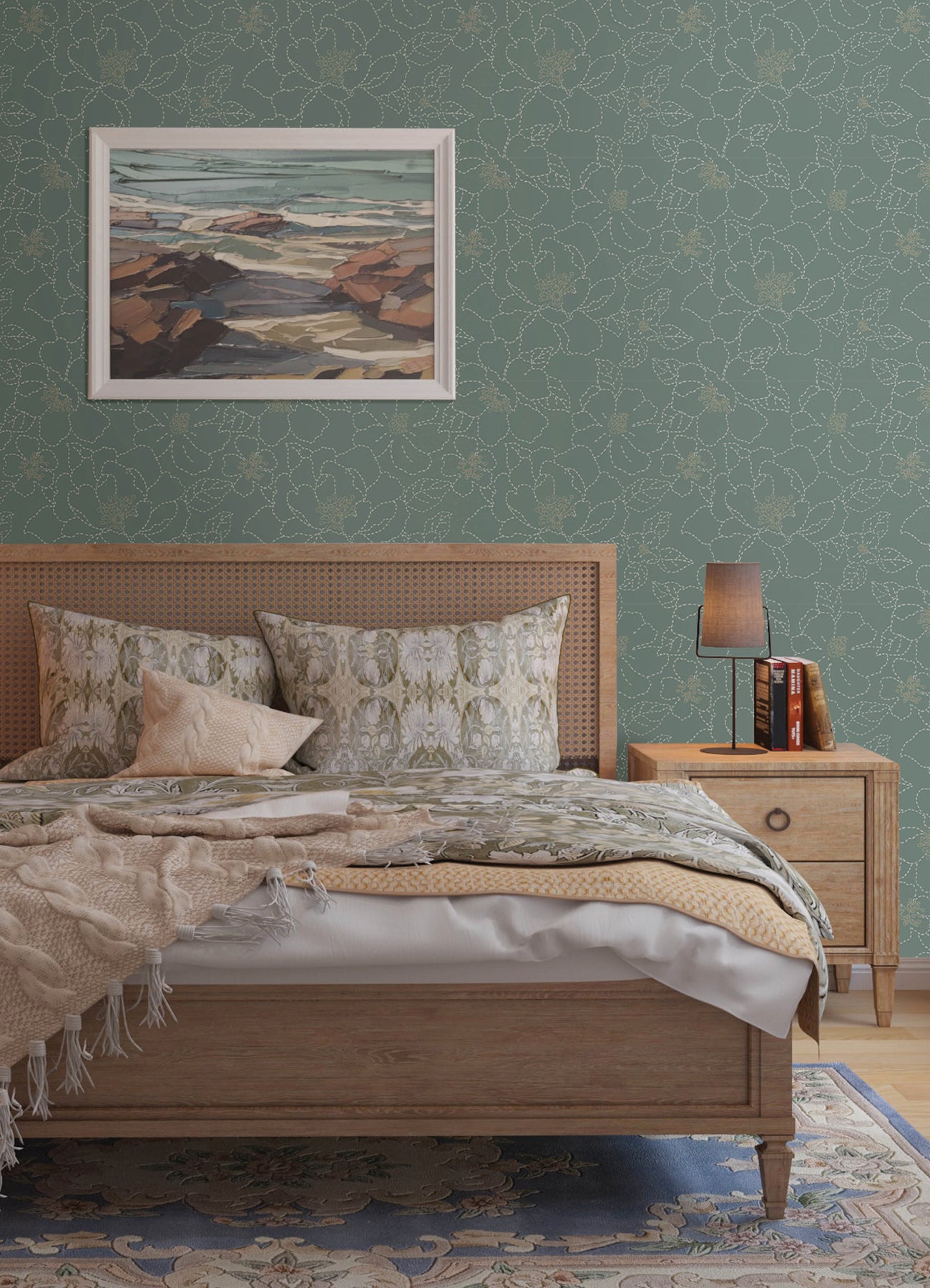 A-Street Prints 4122-27006 Gardena Sea Green Embroidered Floral Wallpaper