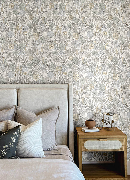 Chesapeake 4148-27411 Goldfinch Neutral Birds and Blooms Wallpaper