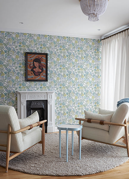 Chesapeake 4148-27413 Goldfinch Aqua Birds and Blooms Wallpaper