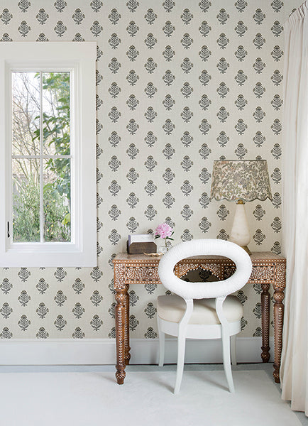 Chesapeake 4148-27418 Hollyhock Black Floral Crest Wallpaper