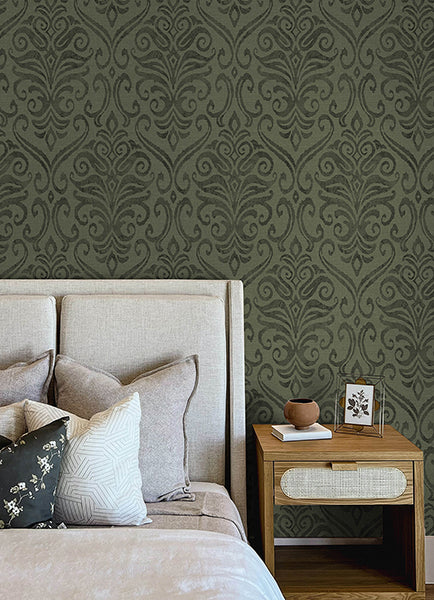Chesapeake 4148-27440 Adavu Damask Dark Green Wallpaper