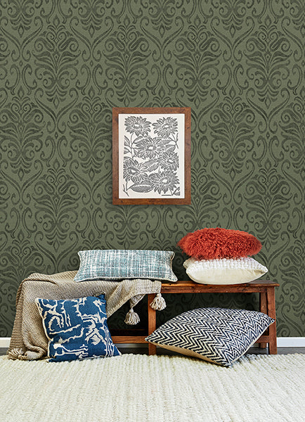 Chesapeake 4148-27440 Adavu Damask Dark Green Wallpaper