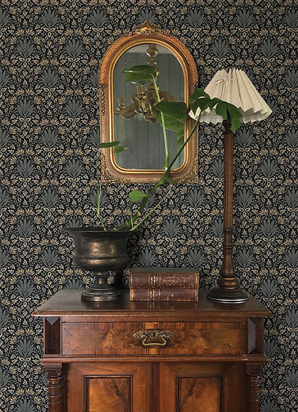 A-Street Prints 4173-27630 Woodbury Black Floral Damask Wallpaper