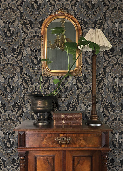 A-Street Prints 4173-27654 Collins Charcoal Damask Wallpaper