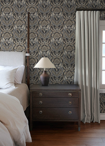 A-Street Prints 4173-27654 Collins Charcoal Damask Wallpaper