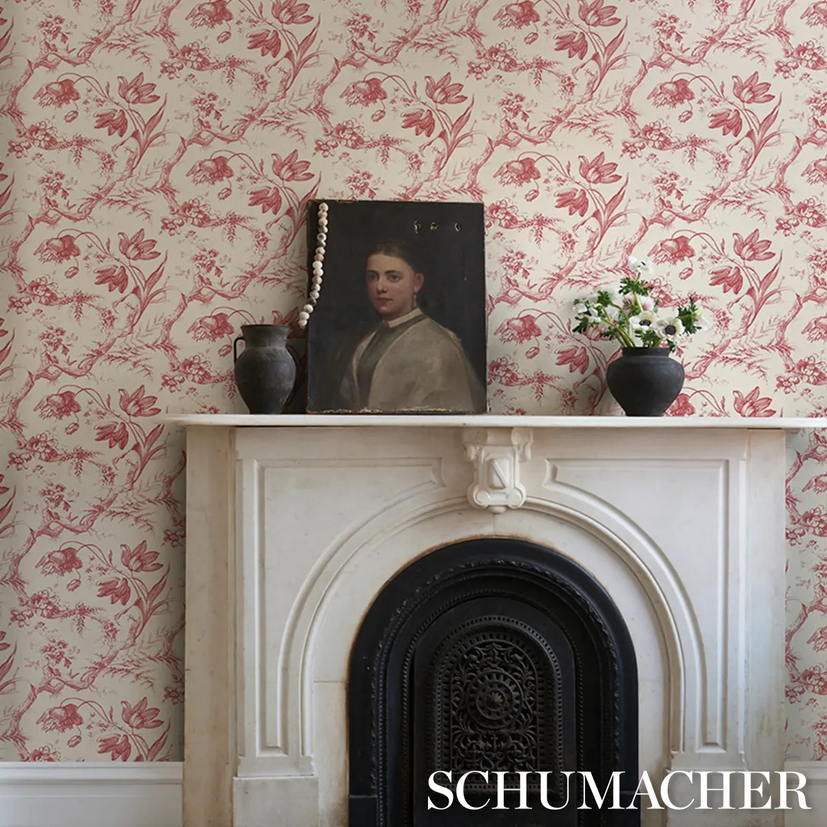 Schumacher 5009122 Toile De Fleurs Red Wallpaper