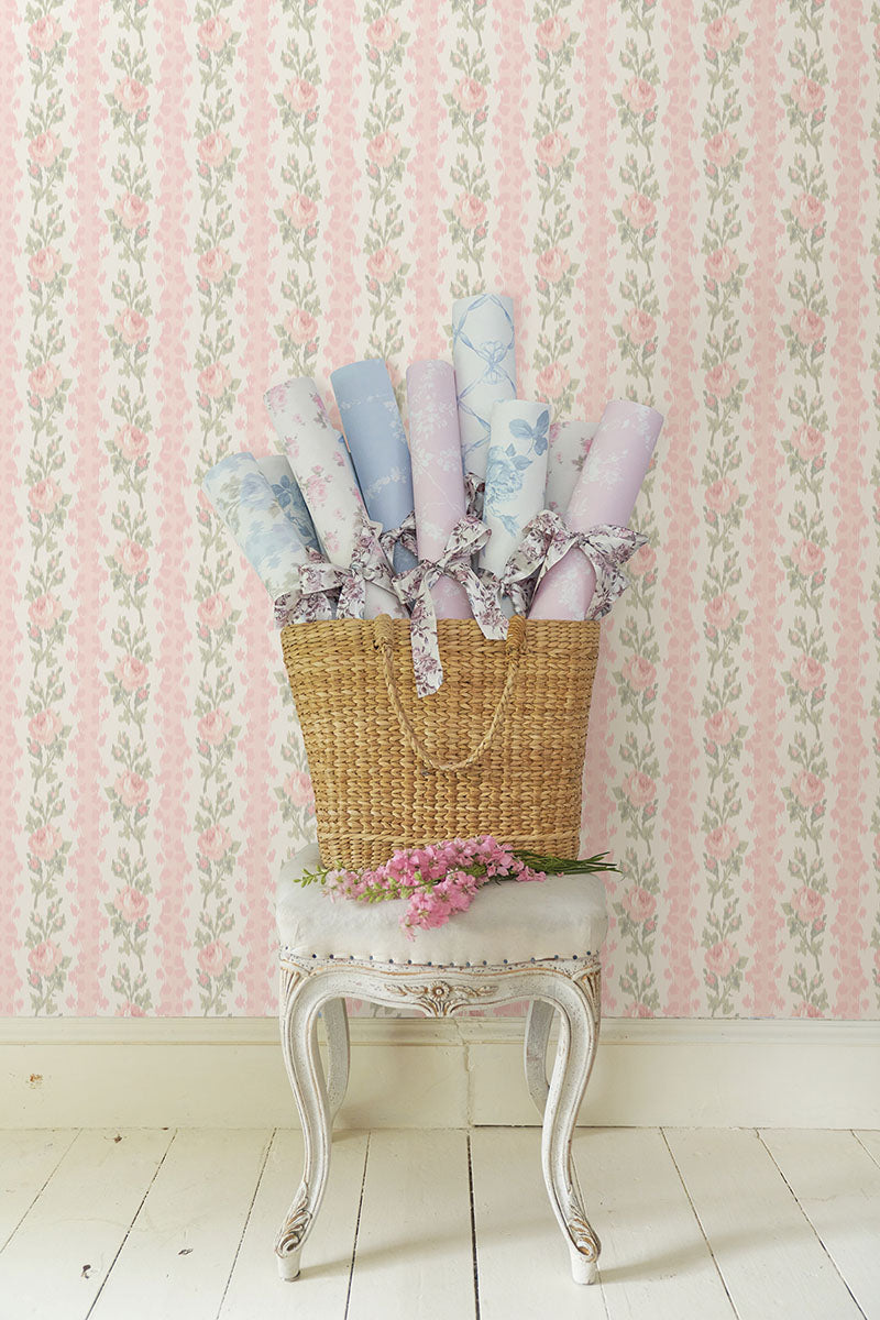 A-Street Prints AST4105 Blooming Heirloom Marie Pink Rose Stripe Wallpaper
