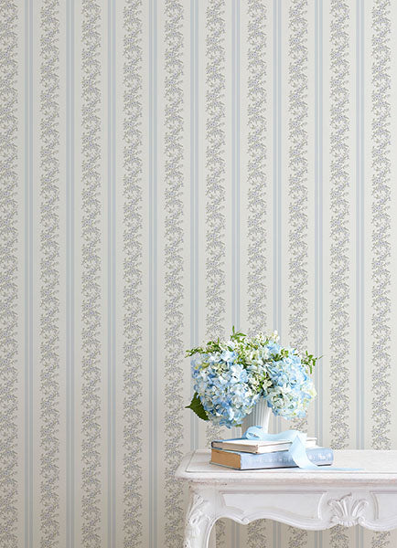 A-Street Prints AST4650 Marigold Wreath Baby Blue Floral Stripe Wallpaper