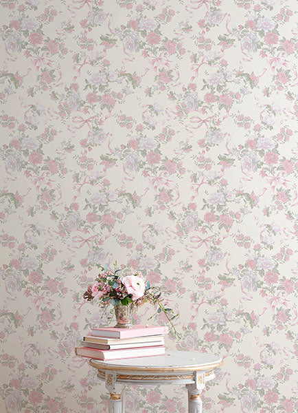 A-Street Prints AST4653 Cabbage Rose Bow Pretty in Pink Ribbons & Roses Wallpaper