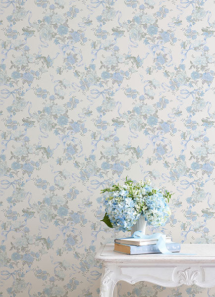 A-Street Prints AST4654 Cabbage Rose Bow Dusty River Blue Ribbons & Roses Wallpaper