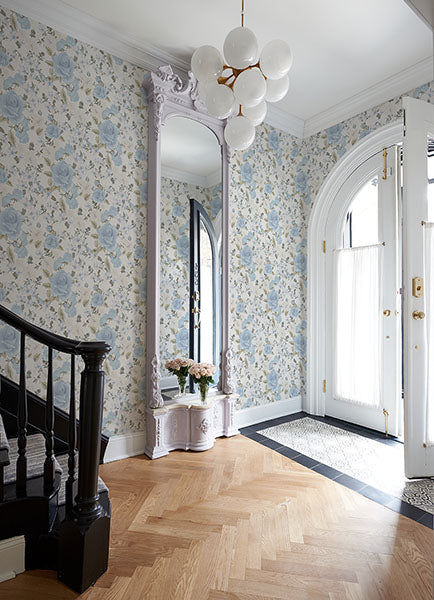 A-Street Prints AST4656 Sunset Harbor Rose Bella Lina Blue Roses & White Flowers Wallpaper