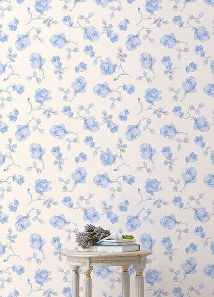A-Street Prints AST6085 Ribbon Rosa French Blue Loose Roses Wallpaper