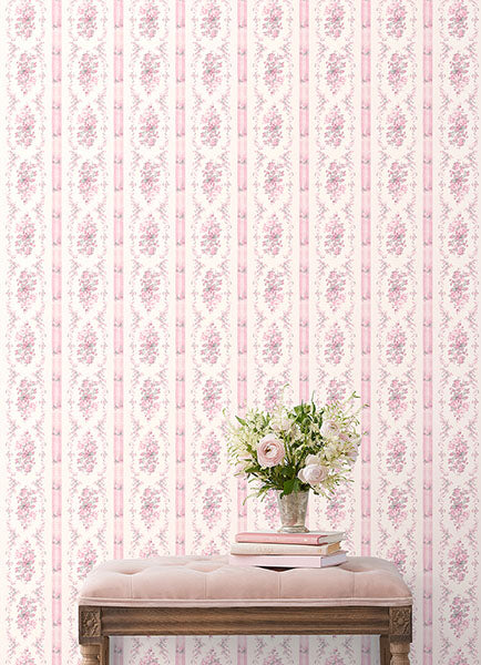 A-Street Prints AST6086 Dreamy Days Pink Parfait Stripe & Floral Wallpaper