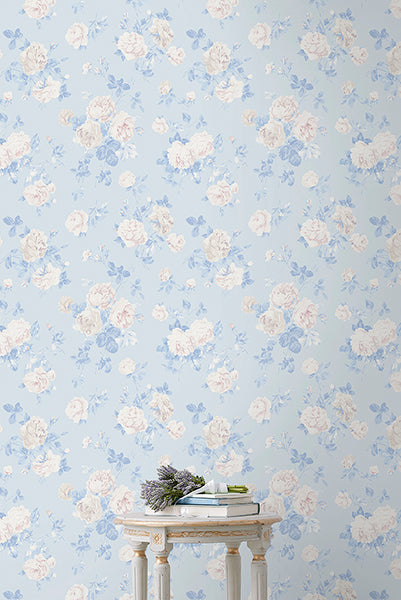 A-Street Prints AST6492 Everblooming Rosettes Whisper Blue Cabbage Rose Bouquets Wallpaper