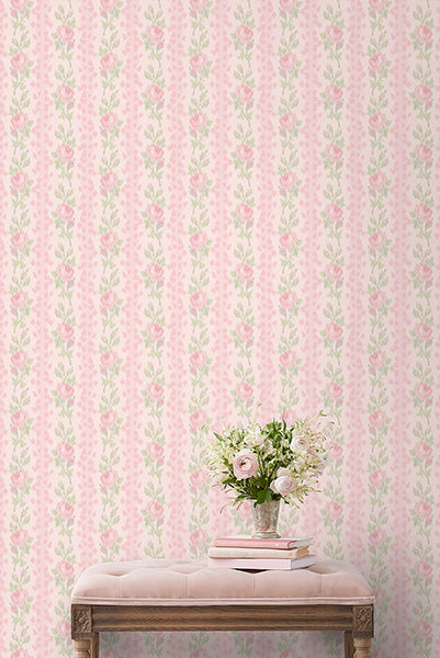 A-Street Prints AST6493 Blooming Heirloom Strawberry Macaron Rose Stripe Wallpaper