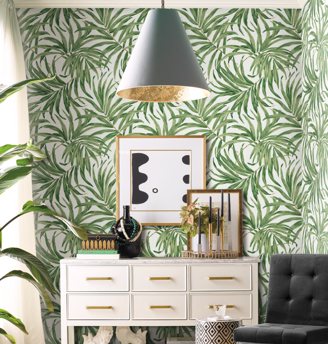 York Wallcoverings AT7050 White/Green Bali Leaves Wallpaper