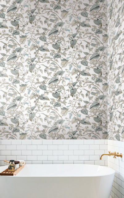 York Wallcoverings BL1715 White & Blue Moon Flower Wallpaper