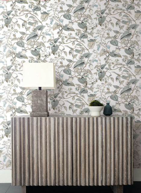York Wallcoverings BL1715 White & Blue Moon Flower Wallpaper