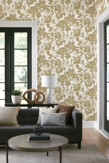 York Wallcoverings BL1732 Gold Brushstroke Floral Wallpaper