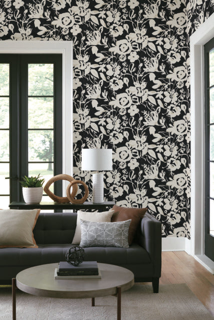 York Wallcoverings BL1733 Black Brushstroke Floral Wallpaper