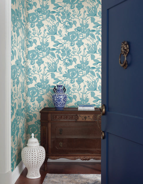 York Wallcoverings BL1736 Aqua Brushstroke Floral Wallpaper