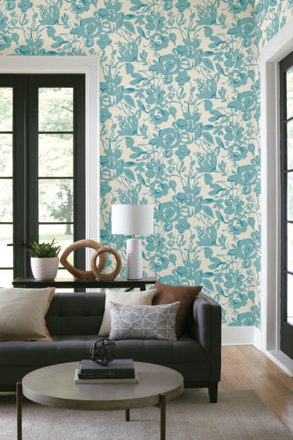 York Wallcoverings BL1736 Aqua Brushstroke Floral Wallpaper