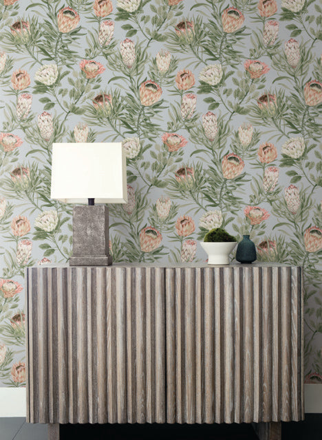 York Wallcoverings BL1755 Dusty Blue & Coral Protea Wallpaper