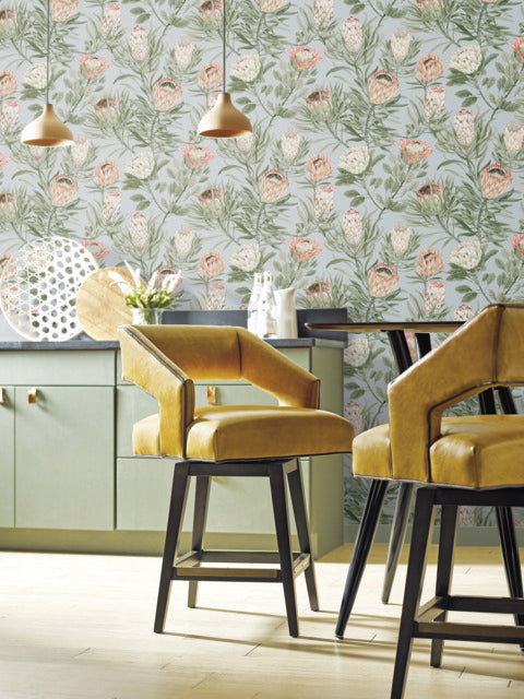 York Wallcoverings BL1755 Dusty Blue & Coral Protea Wallpaper