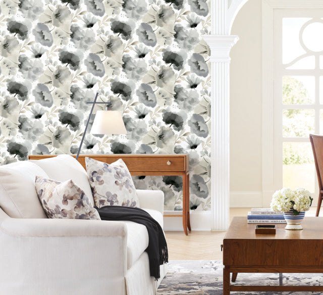 York Wallcoverings BL1771 Charcoal Watercolor Bouquet Wallpaper