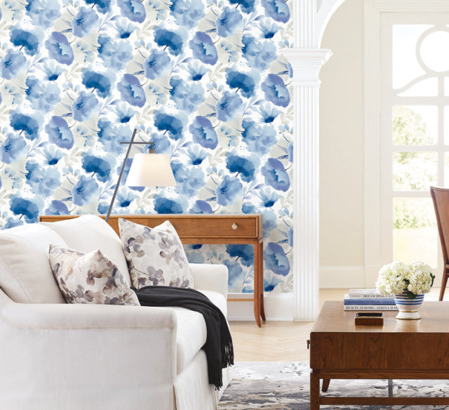 York Wallcoverings BL1773 Cobalt Watercolor Bouquet Wallpaper