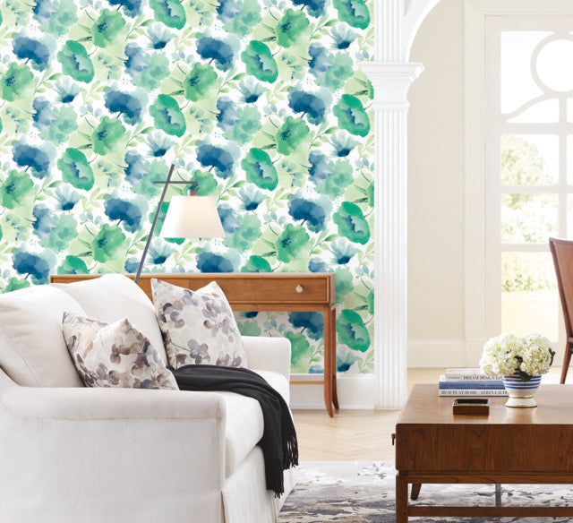 York Wallcoverings BL1774 Blue & Green Watercolor Bouquet Wallpaper