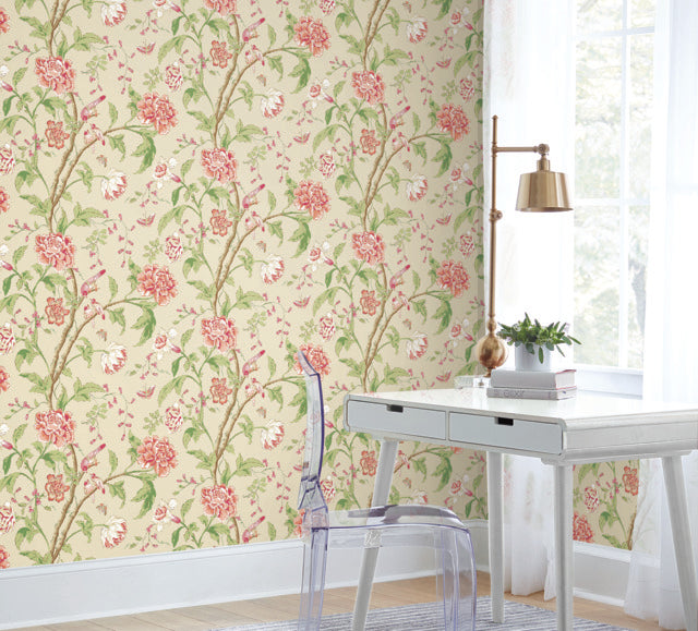 York Wallcoverings BL1781 Cream & Coral Teahouse Floral Wallpaper