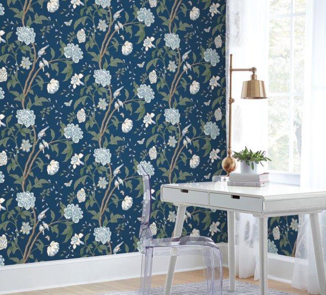 York Wallcoverings BL1782 Navy Teahouse Floral Wallpaper
