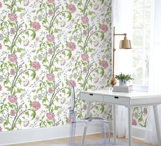 York Wallcoverings BL1785 White & Blush Teahouse Floral Wallpaper
