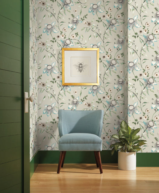 York Wallcoverings BL1794 Taupe & Aqua Dream Blossom Wallpaper