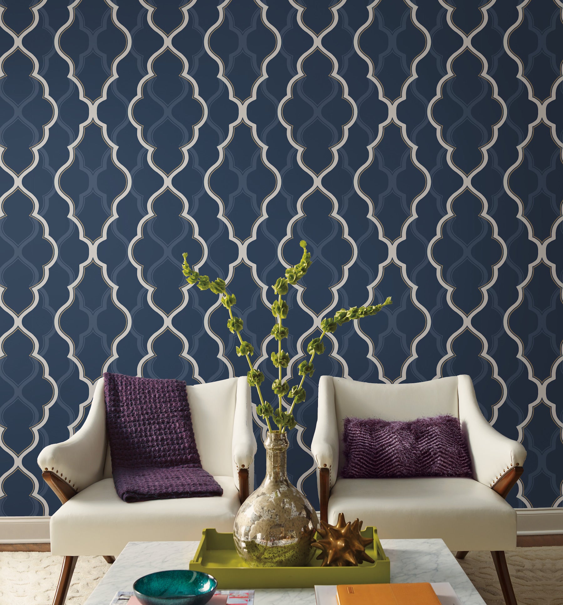 York Wallcoverings CI2393 Double Damask Dark Blue Wallpaper