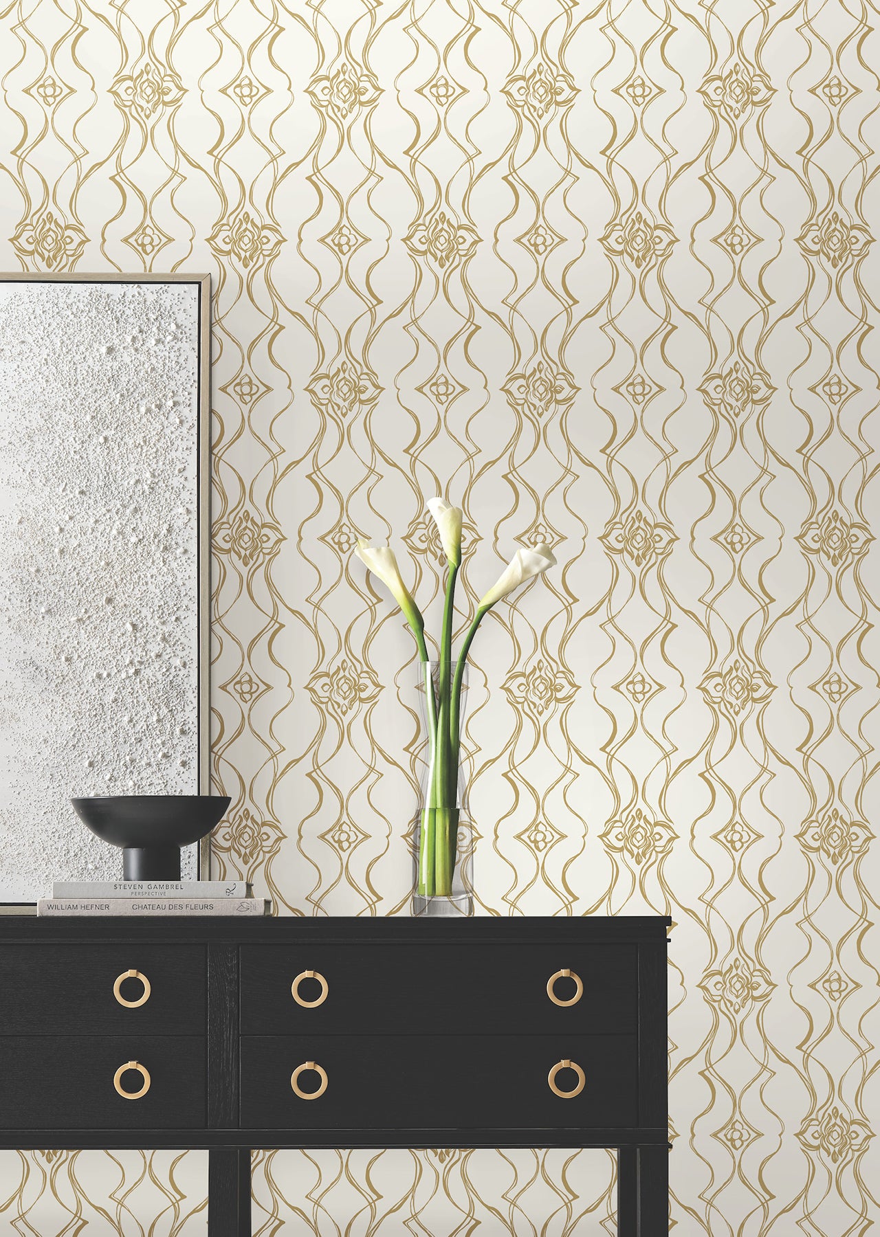 York Wallcoverings DF3372 Pirouette White & Gold Wallpaper