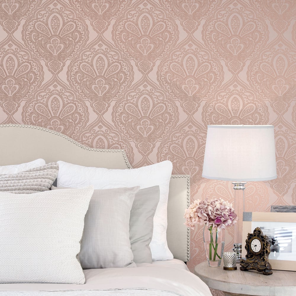 Galerie Wallcoverings DWP0247-04 Mehndi Damask Pink and Rose Gold Wallcoverings