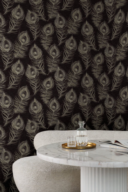 York Wallcoverings EV3942 Regal Peacock Black Wallpaper