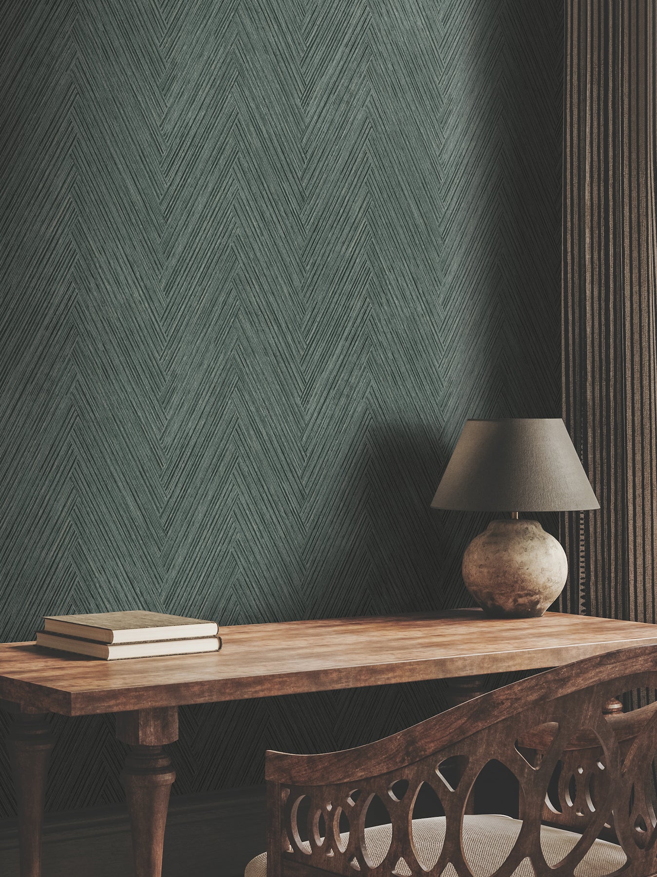 York Wallcoverings FM1054 Thatched Chevron Bottle Green Wallpaper