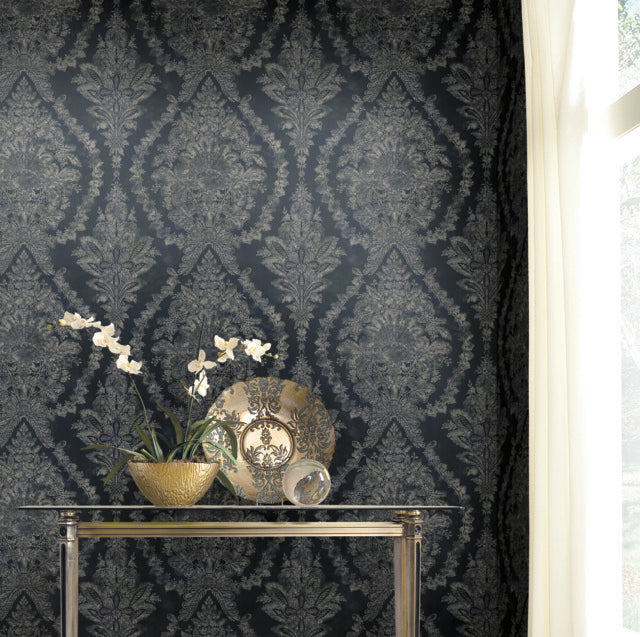 York Wallcoverings KT2215 Charleston Damask Black Wallpaper
