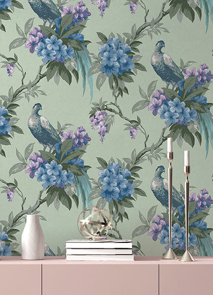 Brewster home Fashions M1660 Golden Pheasant Sage Floral Wallpaper